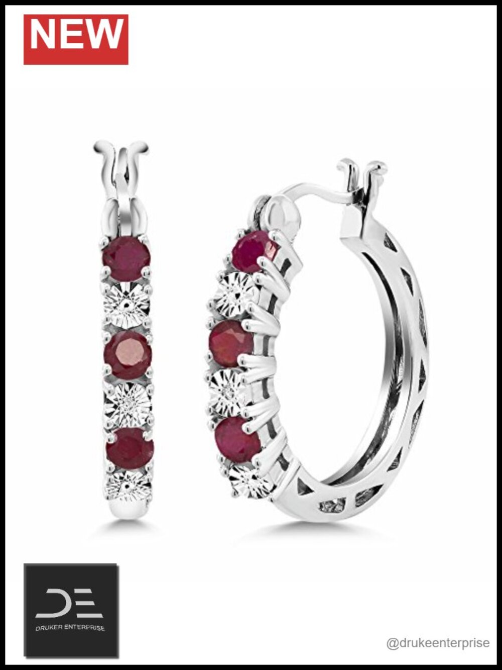925 Sterling Silver Red Ruby Hoop Earrings, 22mm Lever Back, Fine Jewelry